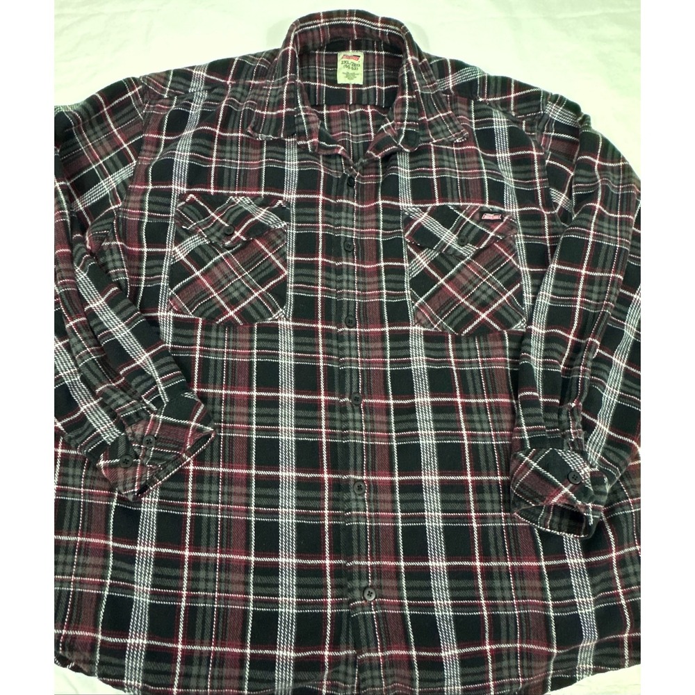 Genuine Dickies Mens 2XL Plaid Flannel Shirt Black Red Long Sleeve Button Down